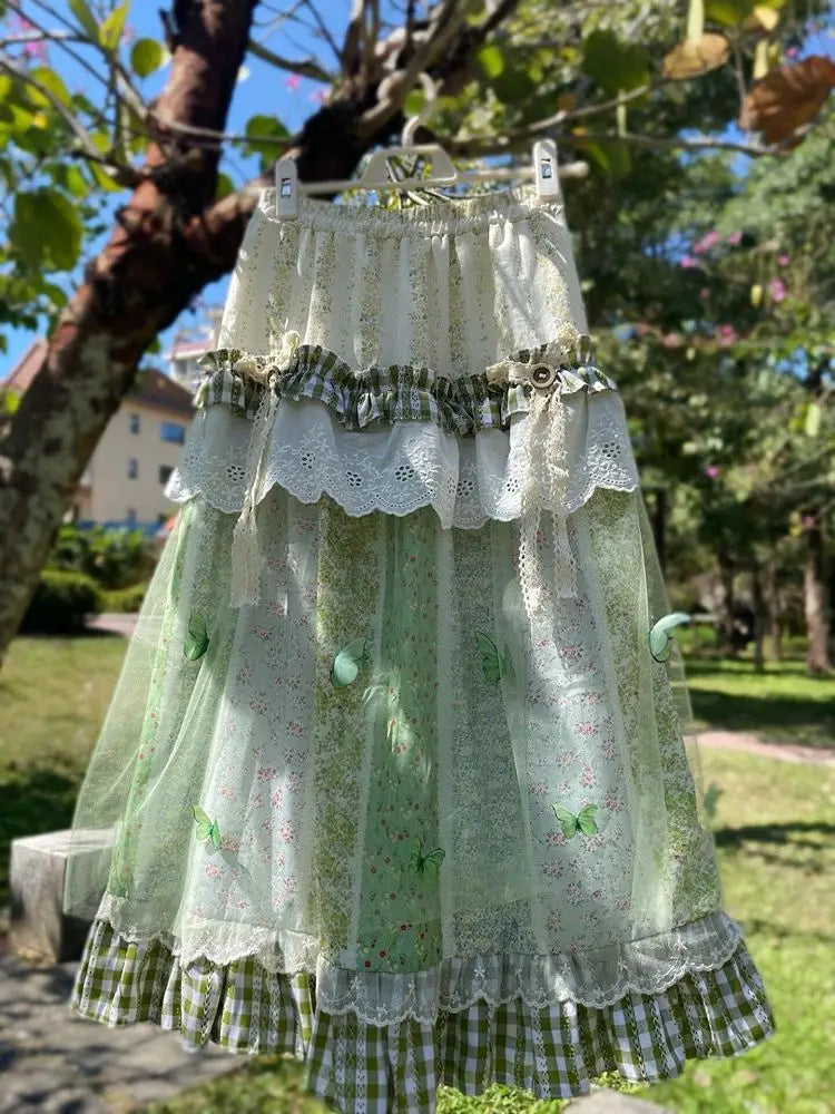 Enchanted Meadow Fairy Patchwork Skirt – Green Butterfly Boho Dream