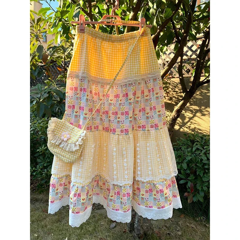 Honey Picnic Milkmaid Maxi Skirt – Gingham & Strawberry Patchwork Boho Dream