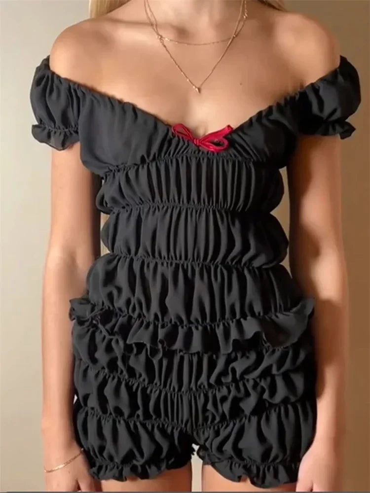 Off-Shoulder Ruffle Bow Romper Set – Coquette Shirred (Ivory, Cherry Gingham, Black)