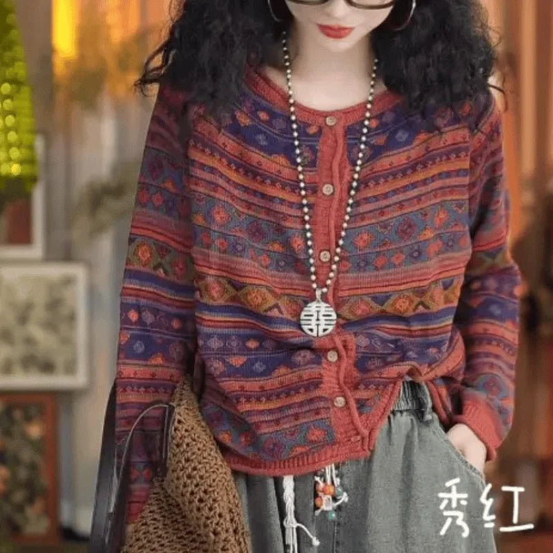 Bohemian Retro Round Neck Printed Knit Cardigan Loose Long Sleeve Sweater