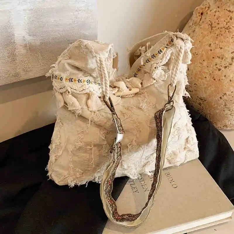 Distressed Fringe Canvas Bag – Boho Embroidered Strap Tote Cream Distressed Fringe Canvas Bag – Boho Embroidered Strap Tote Bags