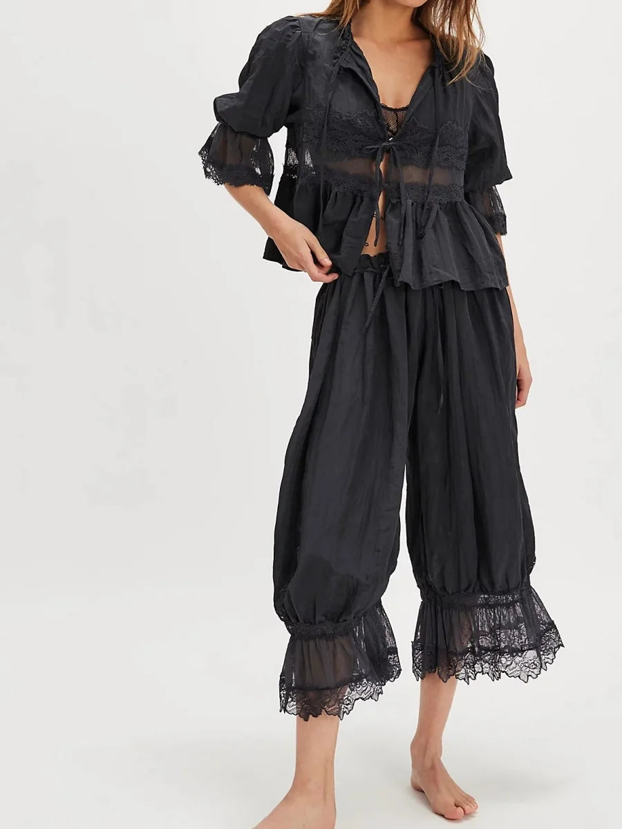 Vintage Lace Bloomer Pants Sets Romantic Lace Boho Co-ord Set – Puff Sleeve Blouse + Wide-Leg Pants (Mocha / Peach / Sage/ Ivory)