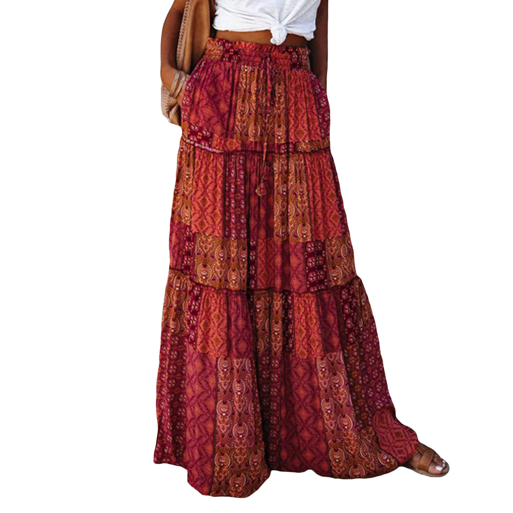 Sun-Kissed Gypsy Patchwork Maxi Skirt - Spice Route Red