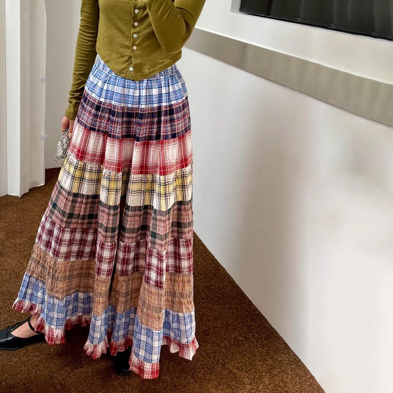 Tiered Plaid Patchwork Maxi Skirt | Boho Festival Patch