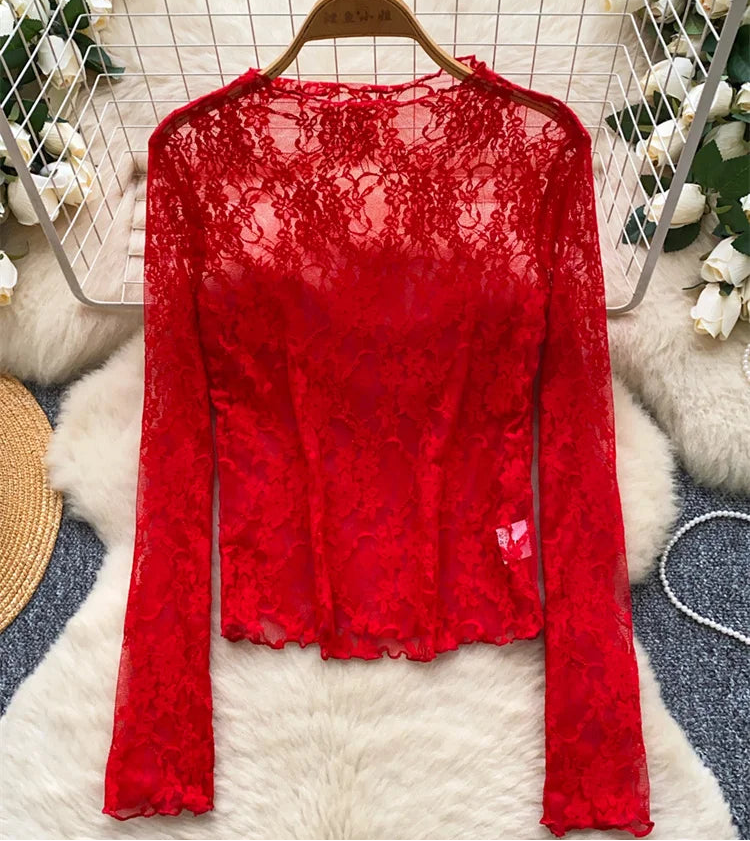 Sheer Floral Lace Long-Sleeve Top | Boho Festival Crop