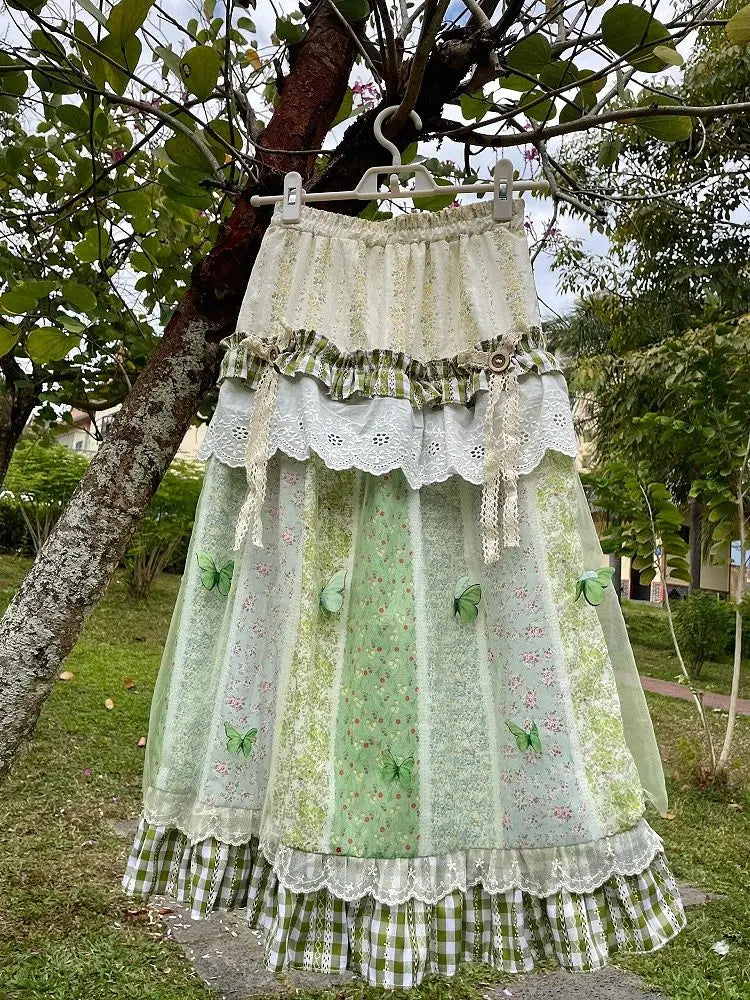 Enchanted Meadow Fairy Patchwork Skirt – Green Butterfly Boho Dream