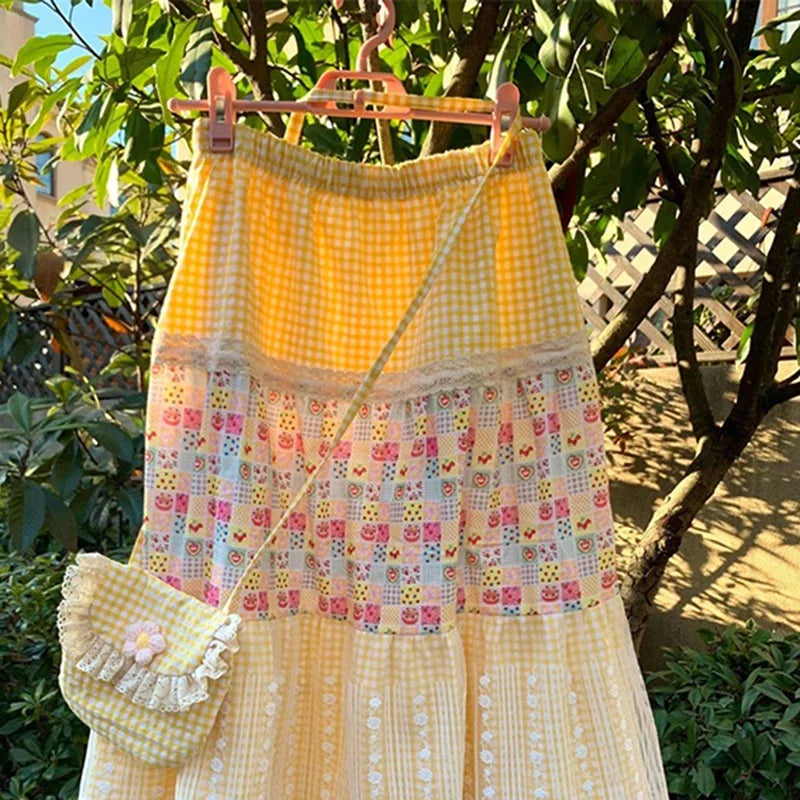 Honey Picnic Milkmaid Maxi Skirt – Gingham & Strawberry Patchwork Boho Dream