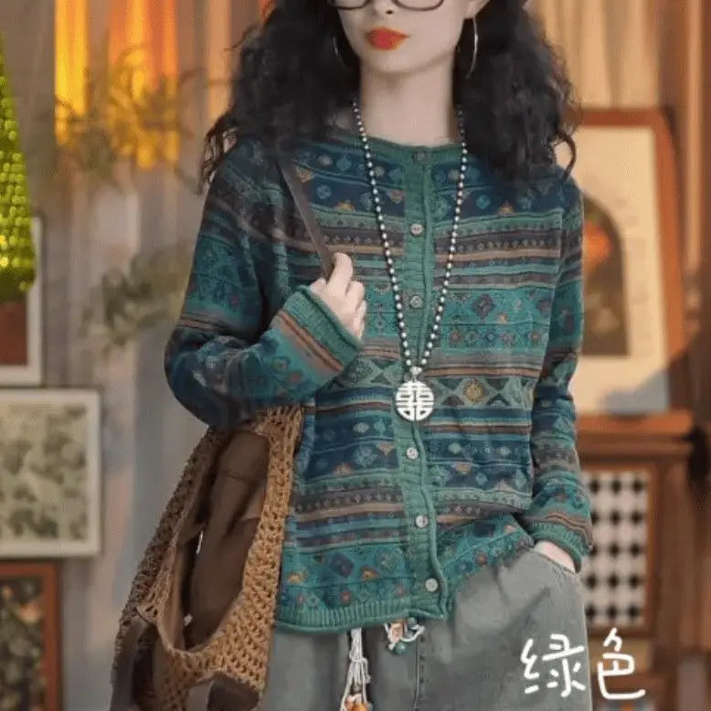 Bohemian Retro Round Neck Printed Knit Cardigan Loose Long Sleeve Sweater