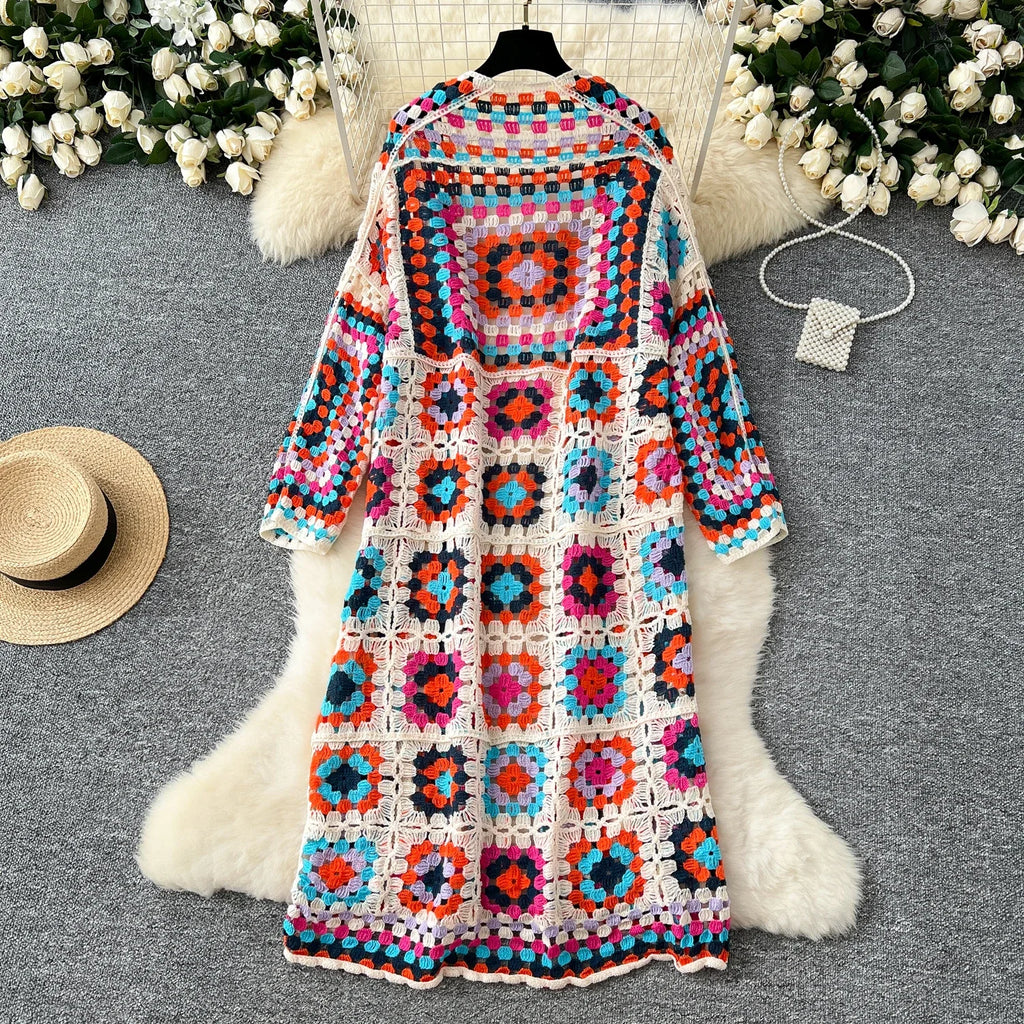 Basics Long Sleeves Vintage Hollow Out Hook Flower Chic Embroidered Knitted Cardigan Top Bohemian Vacation High Street Clothing