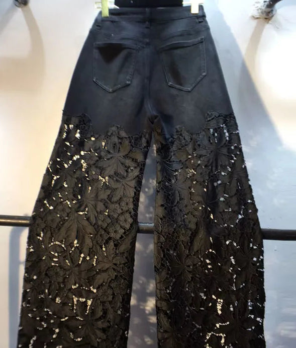 Black Lace Overlay Wide-Leg Jeans | Boho Festival Statement