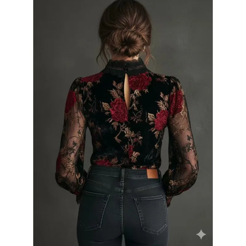 Enchanted Rose Velvet & Lace Blouse – Midnight Black (Showstopper)