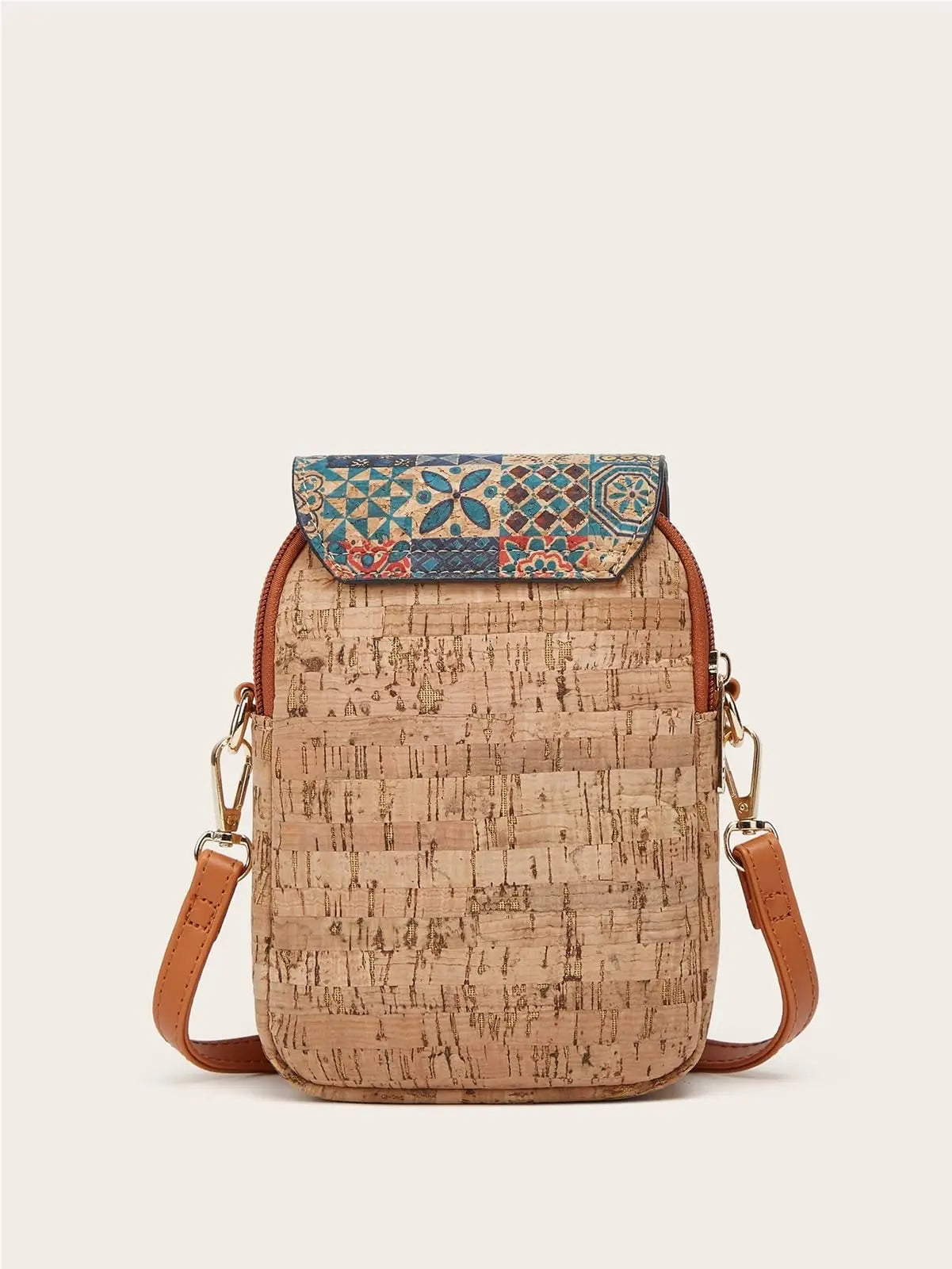 [Retro Bohemian] Bark Pattern Floral Print Mobile Phone Bag, Women's Magnetic Buckle Crossbody Bag, Ethnic Style Mini Square Bag, Portable Chest Bag, Shoulder Bag