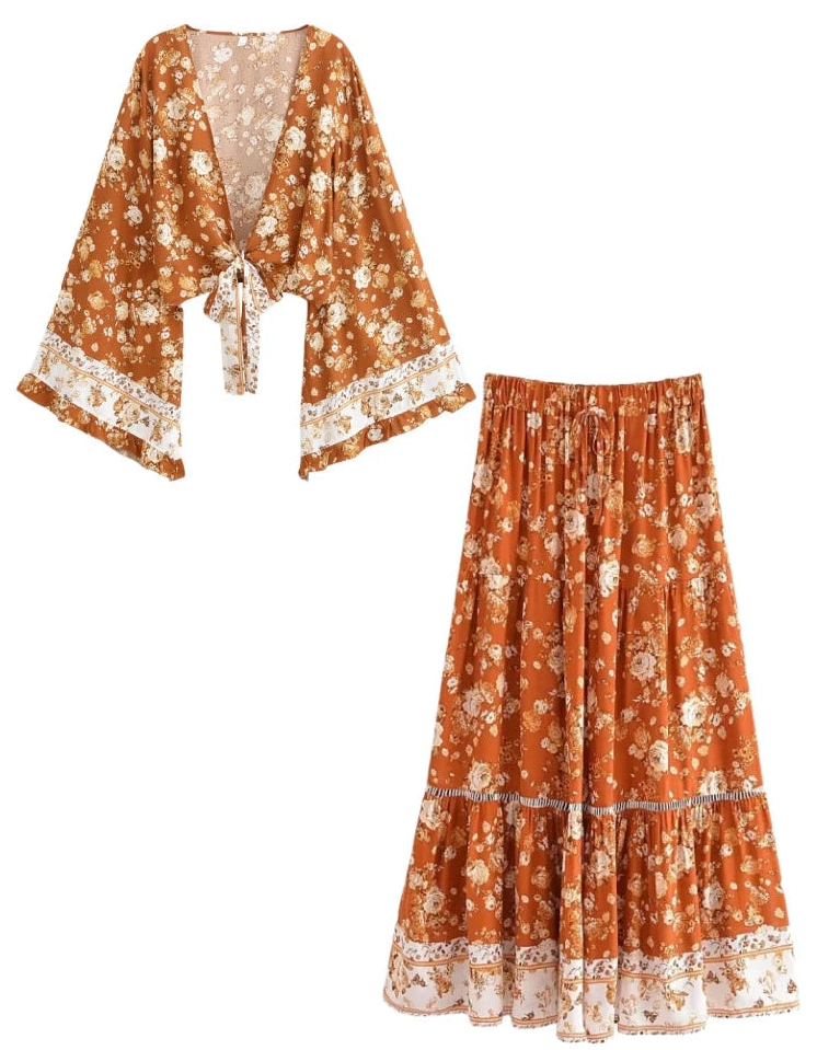 Boho Floral Kimono Set – Lace-Trimmed Crop Top + Tiered Maxi Skirt (Terracotta / Cobalt Blue)