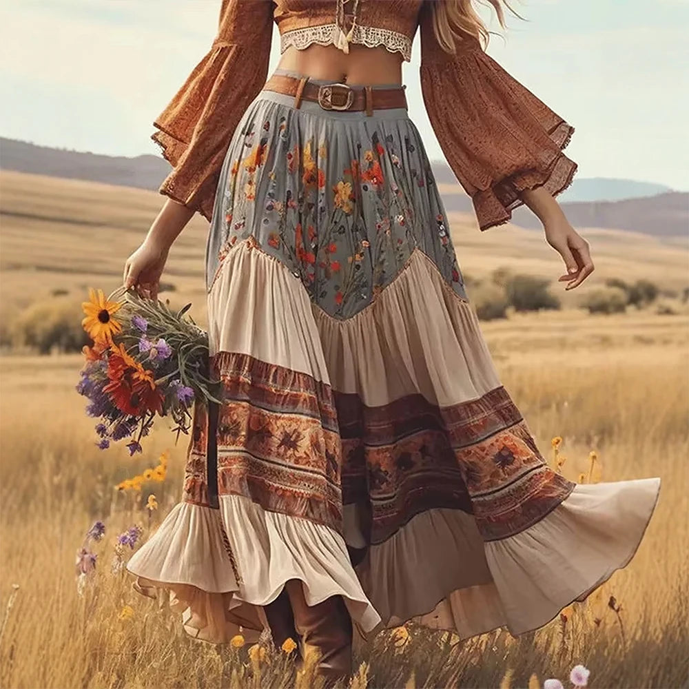 Meadow Wanderer Tiered Maxi Skirt – Vintage Floral Sage & Cinnamon