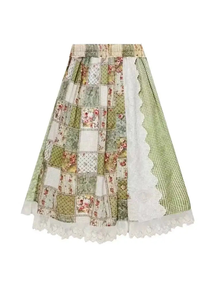 Sage Patchwork Prairie Maxi Skirt – Vintage Milkmaid Boho Dream