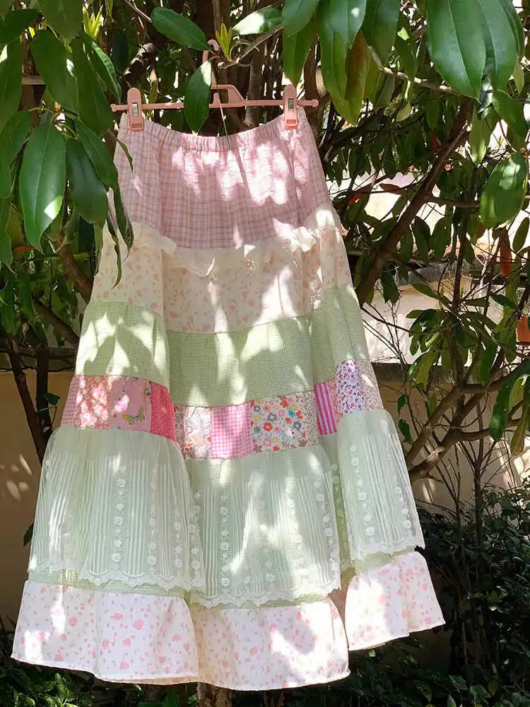 Strawberry Mint Patchwork Fairy Skirt – Cottagecore Boho Dream Tiered Maxi