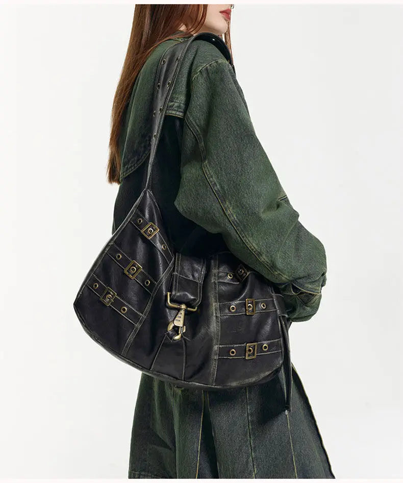 Vagabond Buckle Leather Hobo Bag – Distressed Black (The Ultimate Gypsy Rebel Bag)