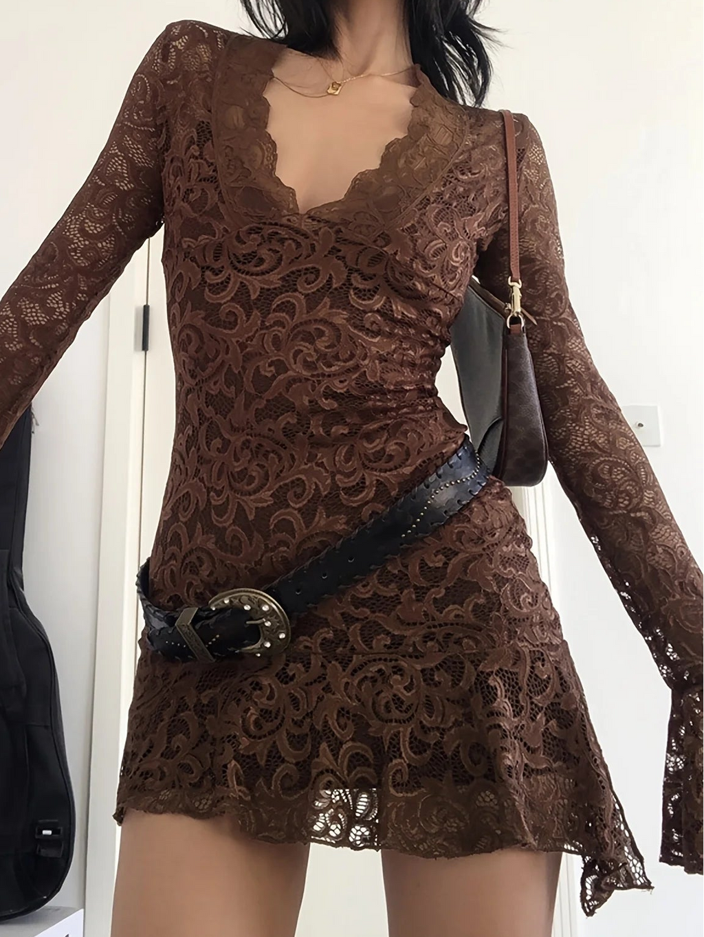 Mocha Lace Bell Sleeve Mini Dress – Boho Gothic Romance Mini