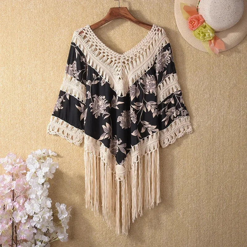 Floral Fringe Kimono Cover-Up – Boho Lace Layer (Black Floral with Beige/White/Black Lace) (Copy) Beige Lace – desert rose One size Floral Fringe Kimono Cover-Up – Boho Lace Layer (Black Floral with Beige/White/Black Lace) (Copy) Cover-Ups