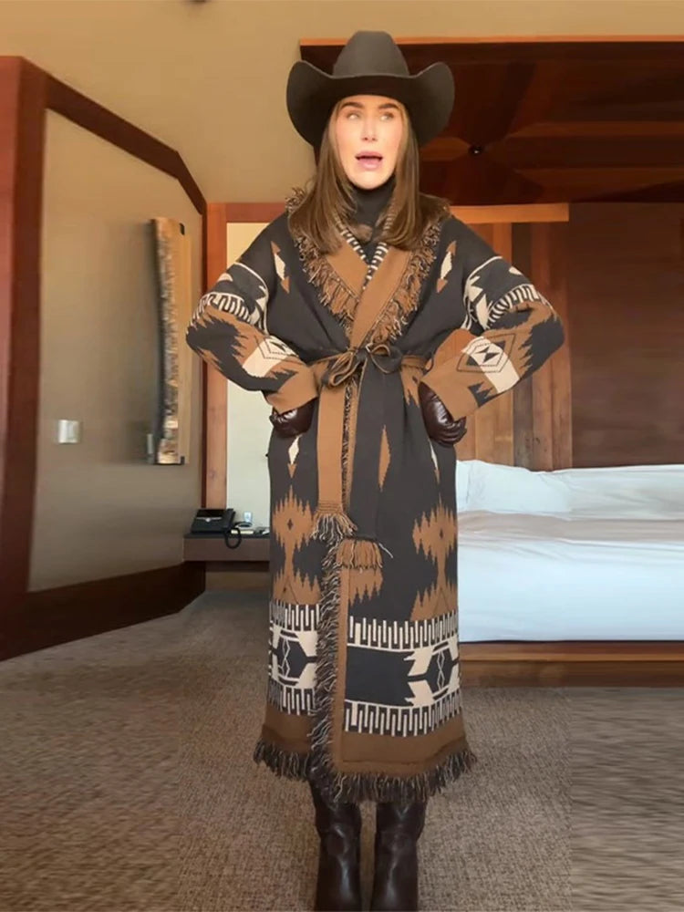 Tassel Patchwork Printed Belt Cardigan Women Turn-down Collar Long Sleeve Knitted Fashion Sweater Vintage Autumn 2025 Cardigans