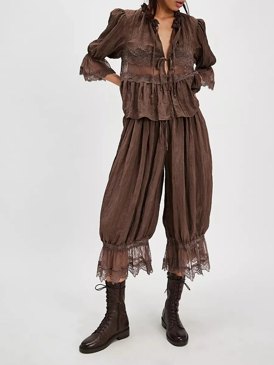 Vintage Lace Bloomer Pants Sets Romantic Lace Boho Co-ord Set – Puff Sleeve Blouse + Wide-Leg Pants (Mocha / Peach / Sage/ Ivory)