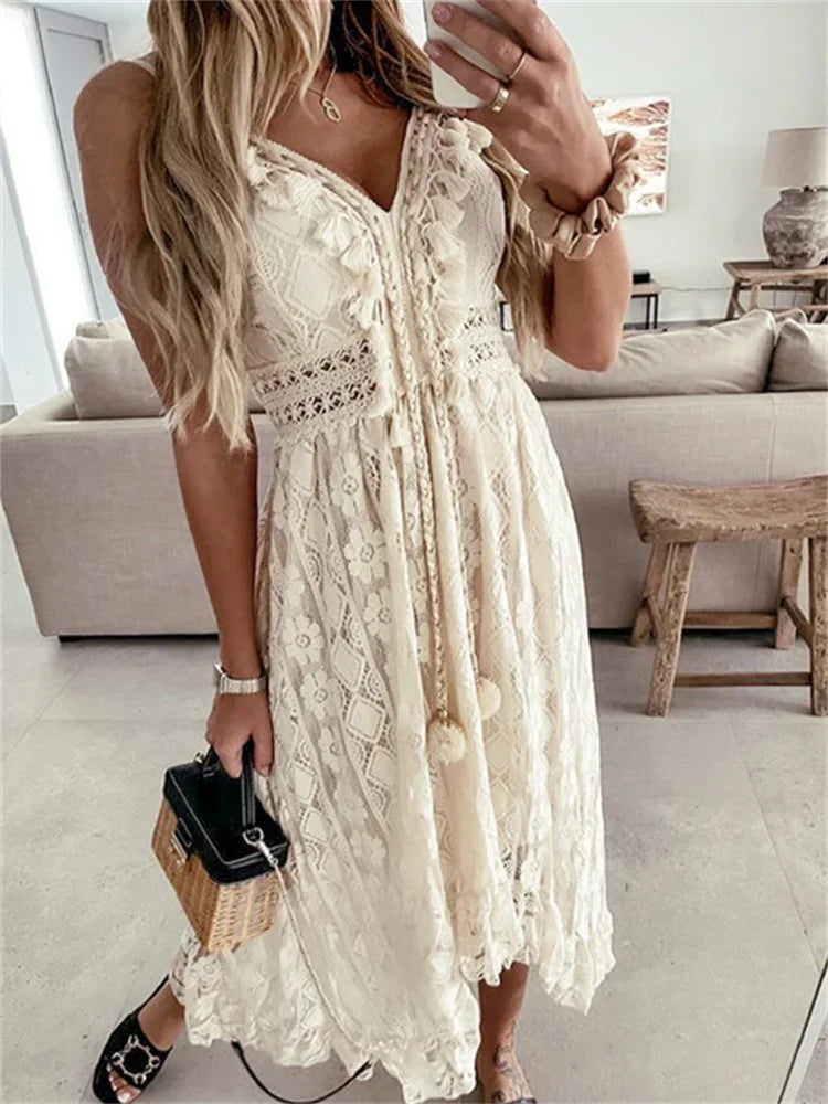 Moonflower Lace Midi Dress – Ivory White/Cream