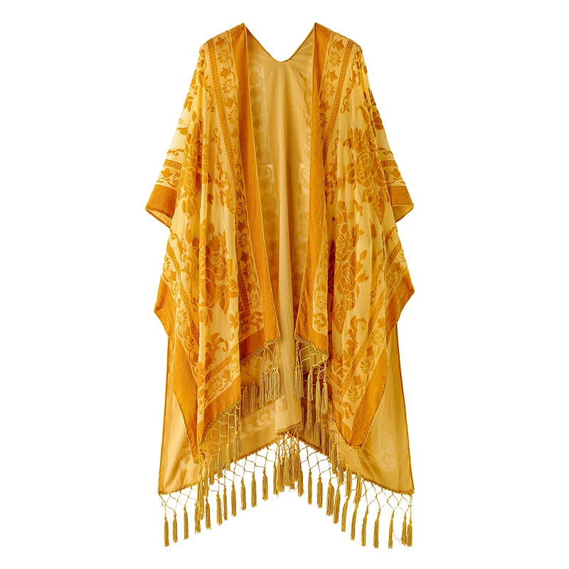 WeHello Bohemian burnt plush kimono Women's long Purple Tassel Beach Cover-up  Holiday Casual Cardigan Shawl JYPF-20