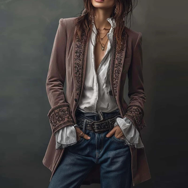 Vintage Ethnic Floral Print Velvet Women's Coat Fall Chic Stand Collar Slim Jacket Cardigan Winter Long Sleeve Female Outerwears