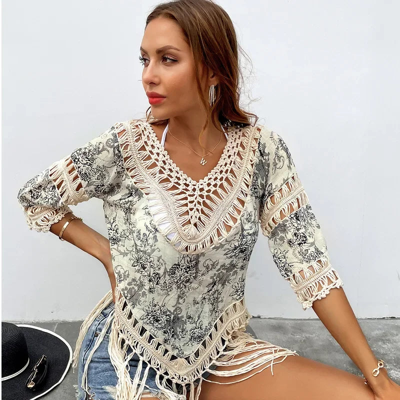 Vintage Floral Crochet Fringe Top – Boho Beach Kimono Cover-Up Vintage Floral Cream One size Vintage Floral Crochet Fringe Top – Boho Beach Kimono Cover-Up Cover-Ups