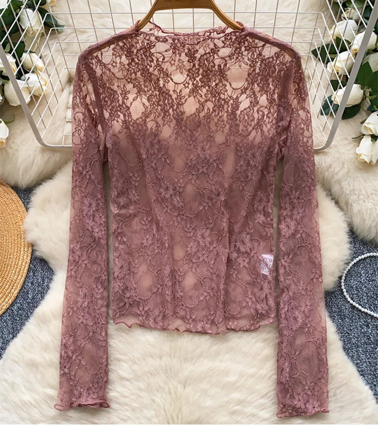 Sheer Floral Lace Long-Sleeve Top | Boho Festival Crop