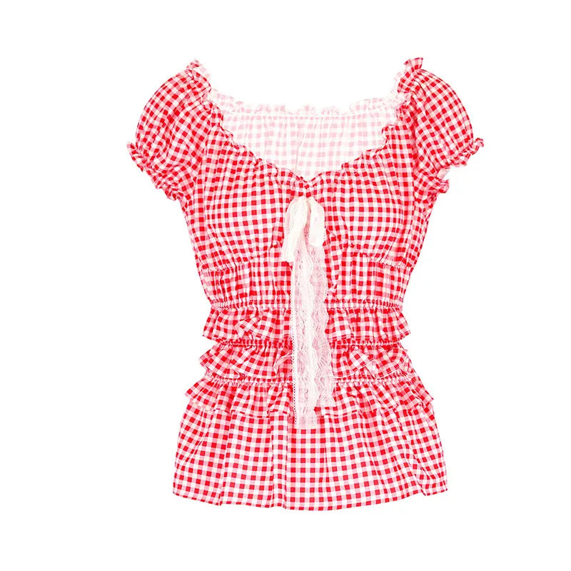 Cherry Red Gingham Coquette Peplum Crop Top – Lace Bow Romance