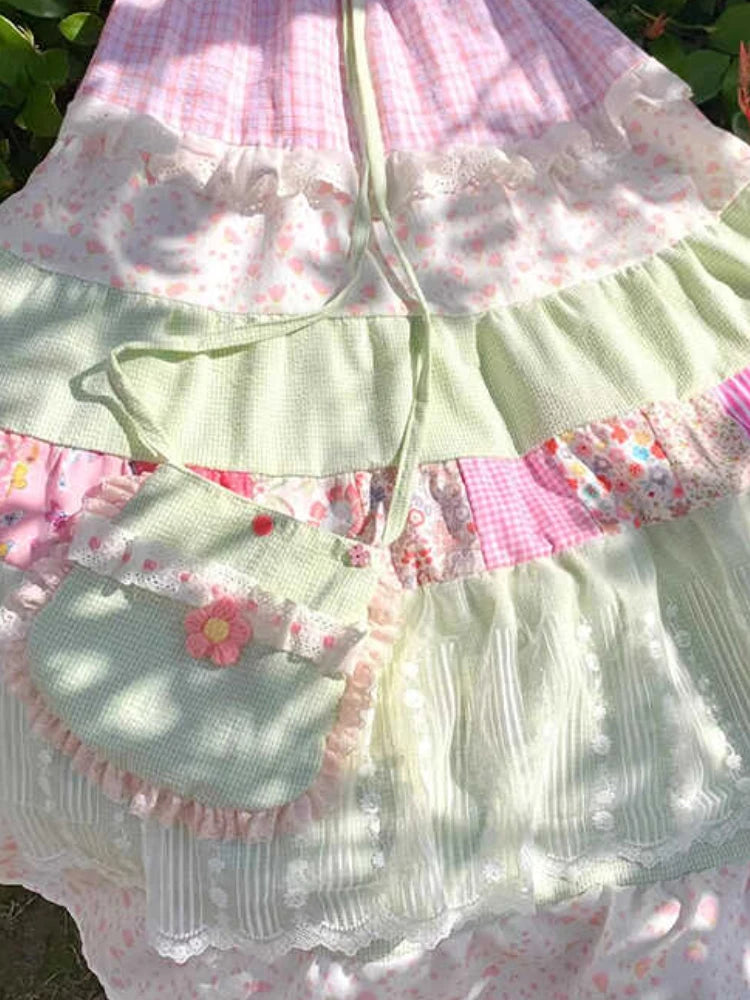 Strawberry Mint Patchwork Fairy Skirt – Cottagecore Boho Dream Tiered Maxi