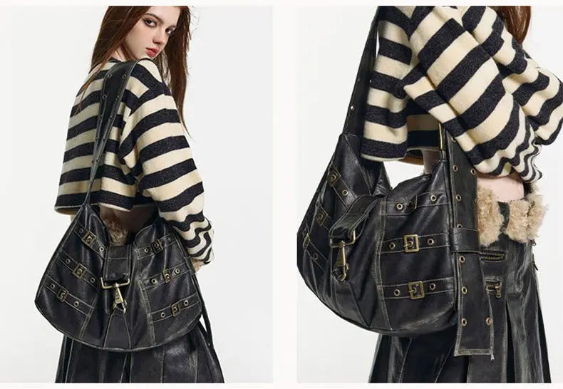 Vagabond Buckle Leather Hobo Bag – Distressed Black (The Ultimate Gypsy Rebel Bag)