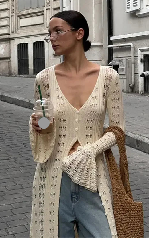 Cream Crochet Lace Long Cardigan | Boho Festival Duster