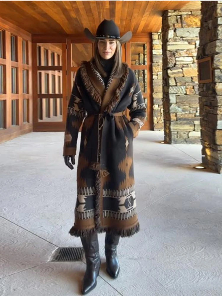 Tassel Patchwork Printed Belt Cardigan Women Turn-down Collar Long Sleeve Knitted Fashion Sweater Vintage Autumn 2025 Cardigans