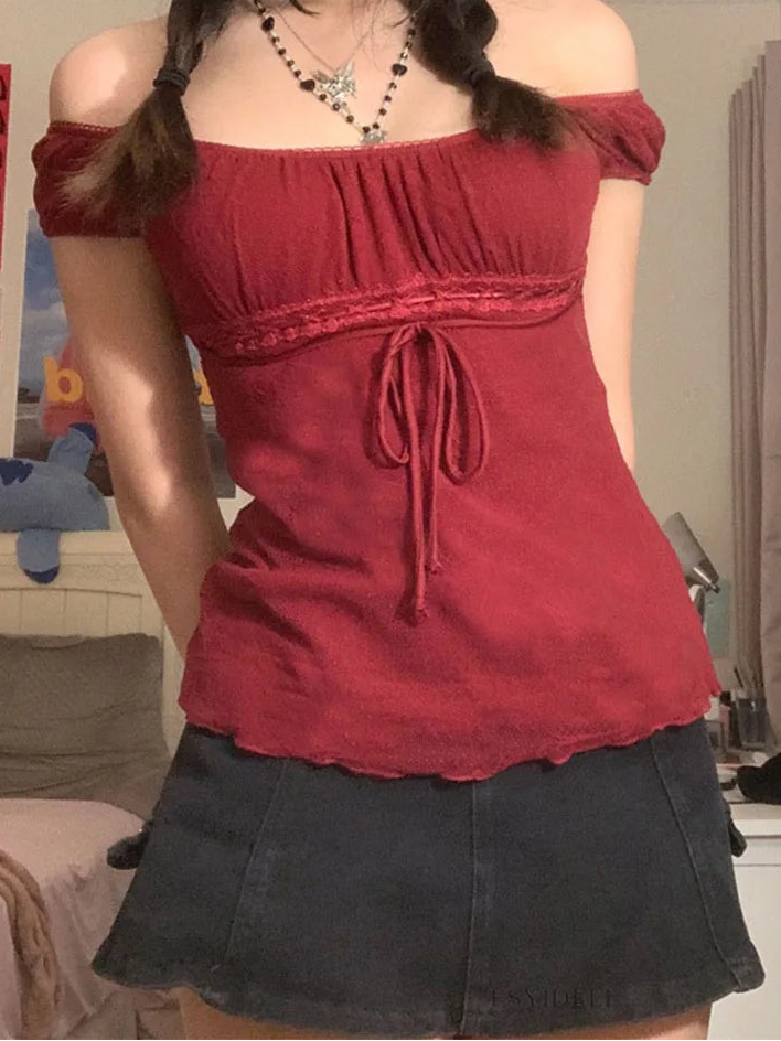 Romantic Off-Shoulder Ruched Lace Trim Top with Tie Bow – Gypsy Boho Essential (Red, White, Black)