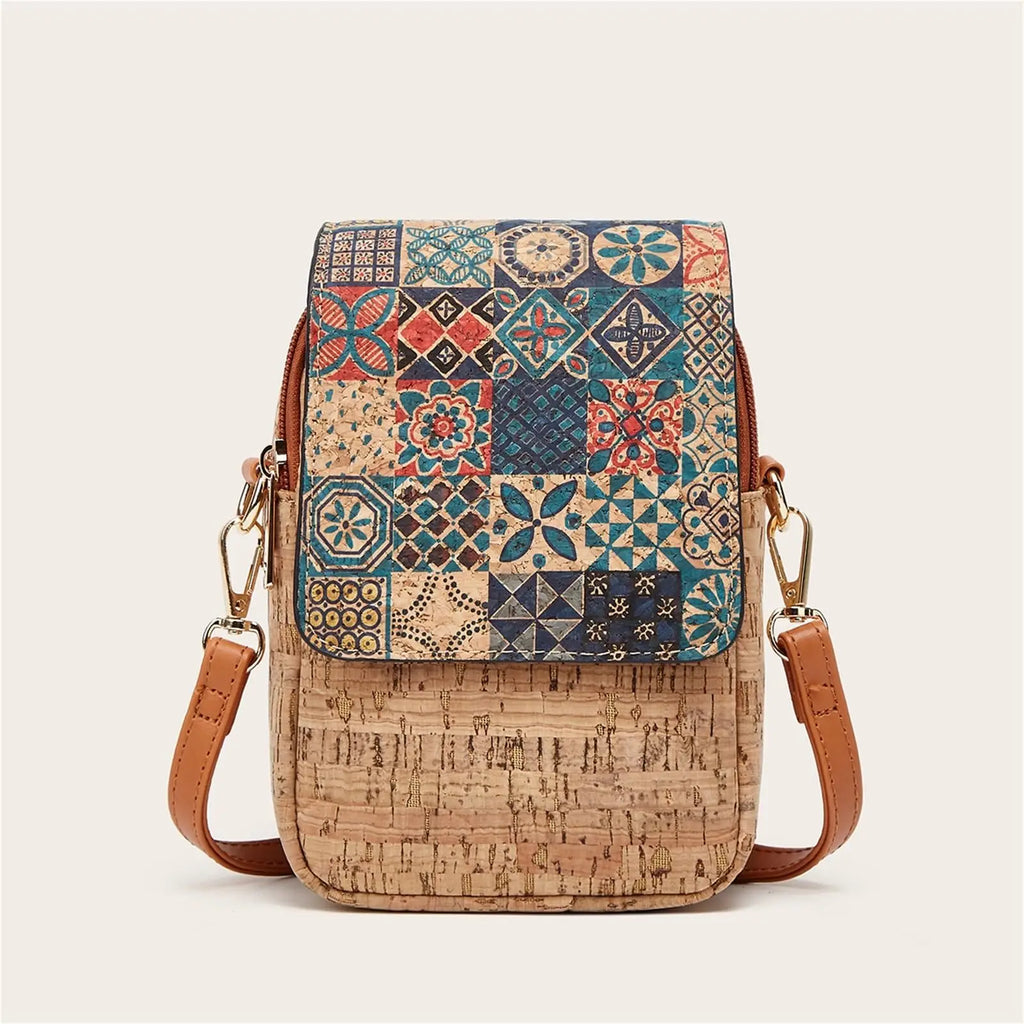[Retro Bohemian] Bark Pattern Floral Print Mobile Phone Bag, Women's Magnetic Buckle Crossbody Bag, Ethnic Style Mini Square Bag, Portable Chest Bag, Shoulder Bag