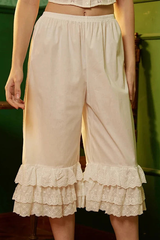 Ivory Lace Ruffle Culottes – Victorian Cottagecore Bloomers Pants
