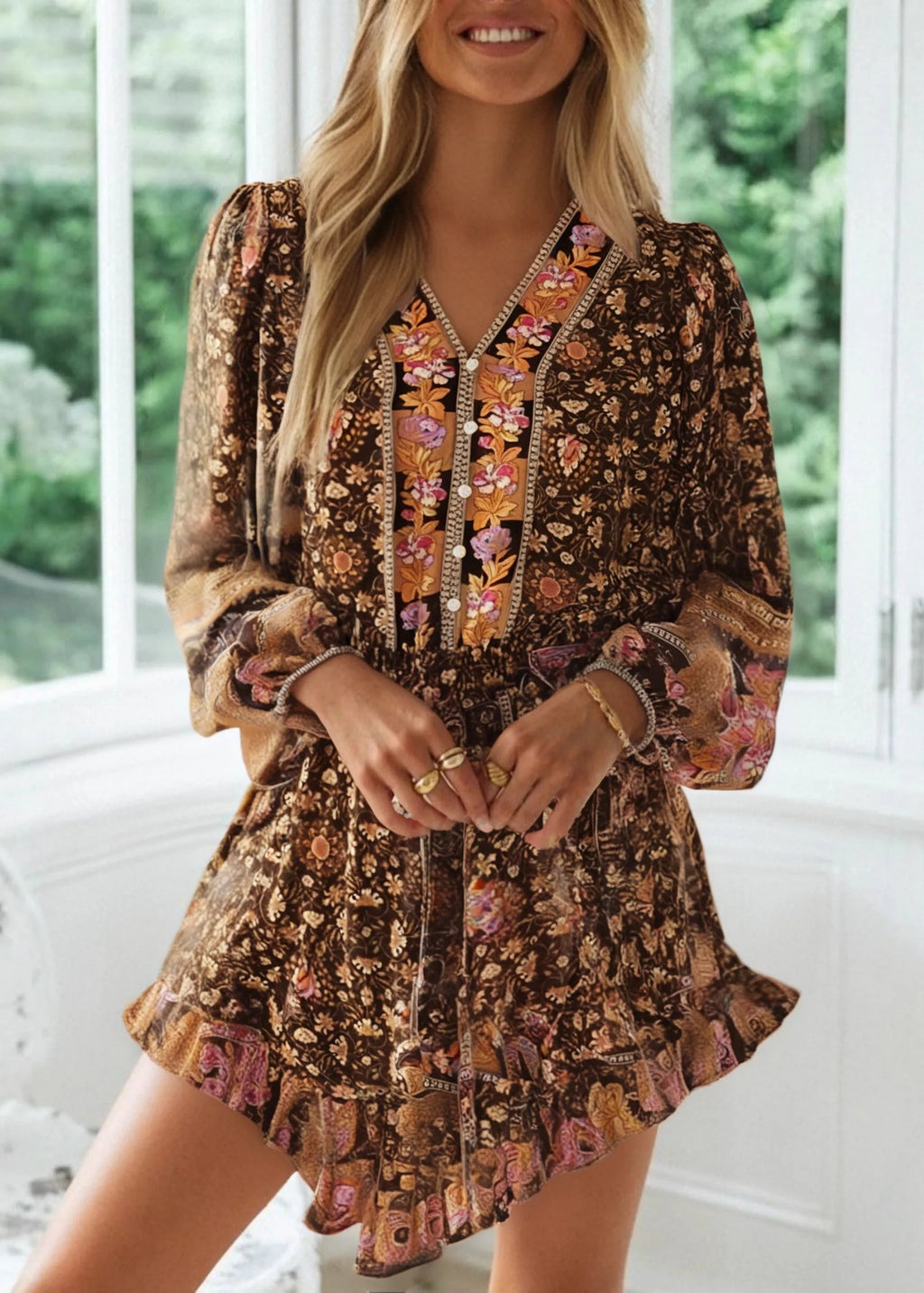 Boho Floral Mini Dress – Embroidered Paisley Wrap Romper with Ruffle Hem
