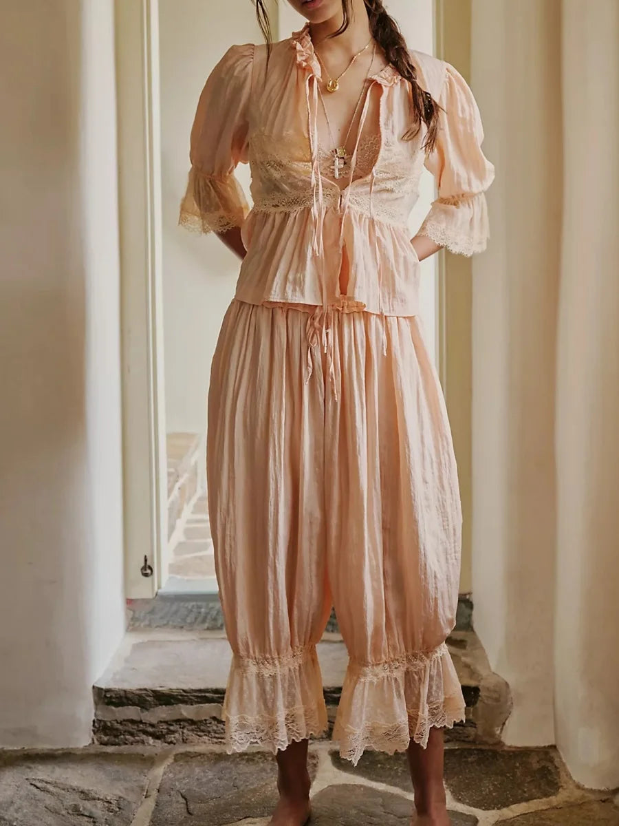 Vintage Lace Bloomer Pants Sets Romantic Lace Boho Co-ord Set – Puff Sleeve Blouse + Wide-Leg Pants (Mocha / Peach / Sage/ Ivory)