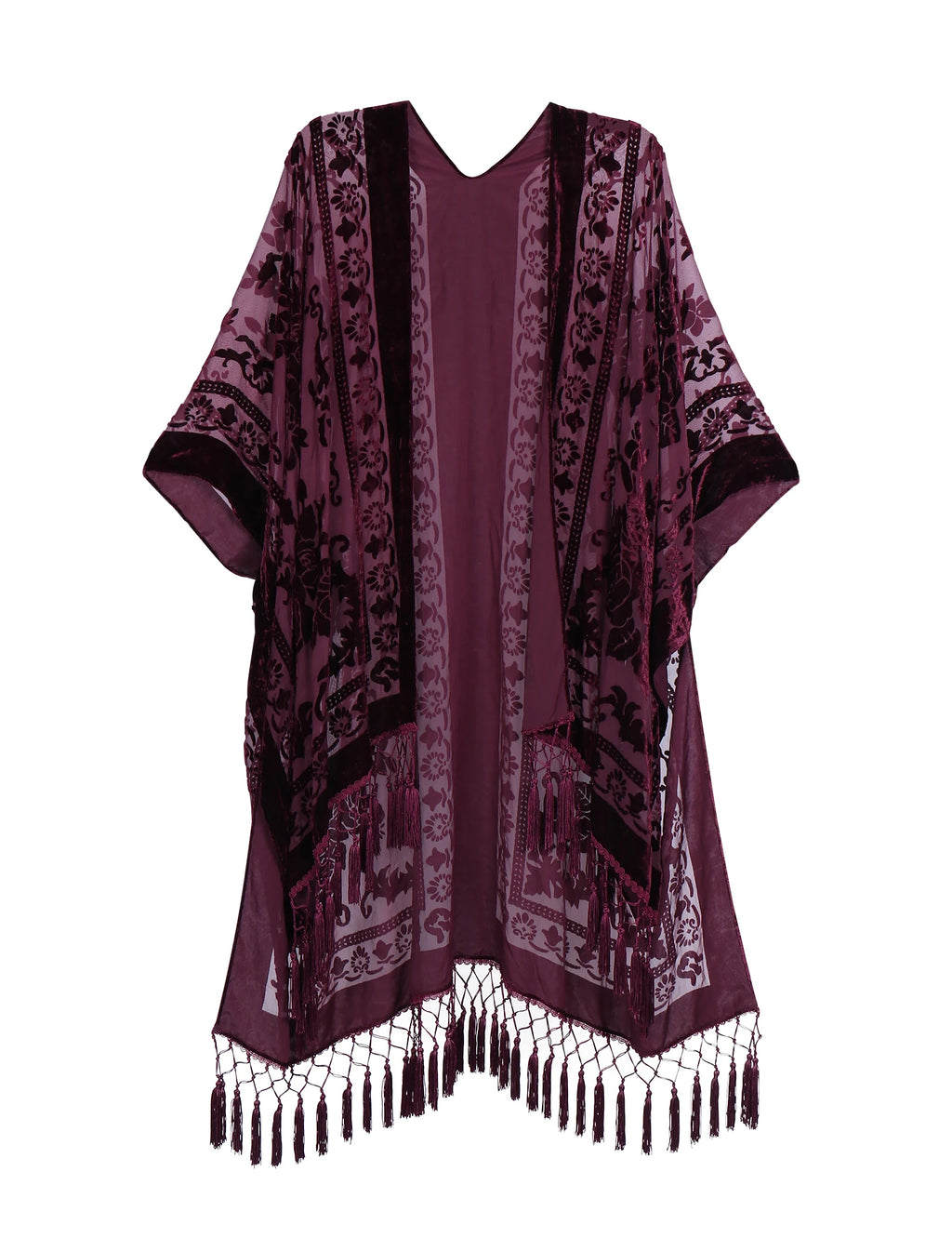 WeHello Bohemian burnt plush kimono Women's long Purple Tassel Beach Cover-up  Holiday Casual Cardigan Shawl JYPF-20