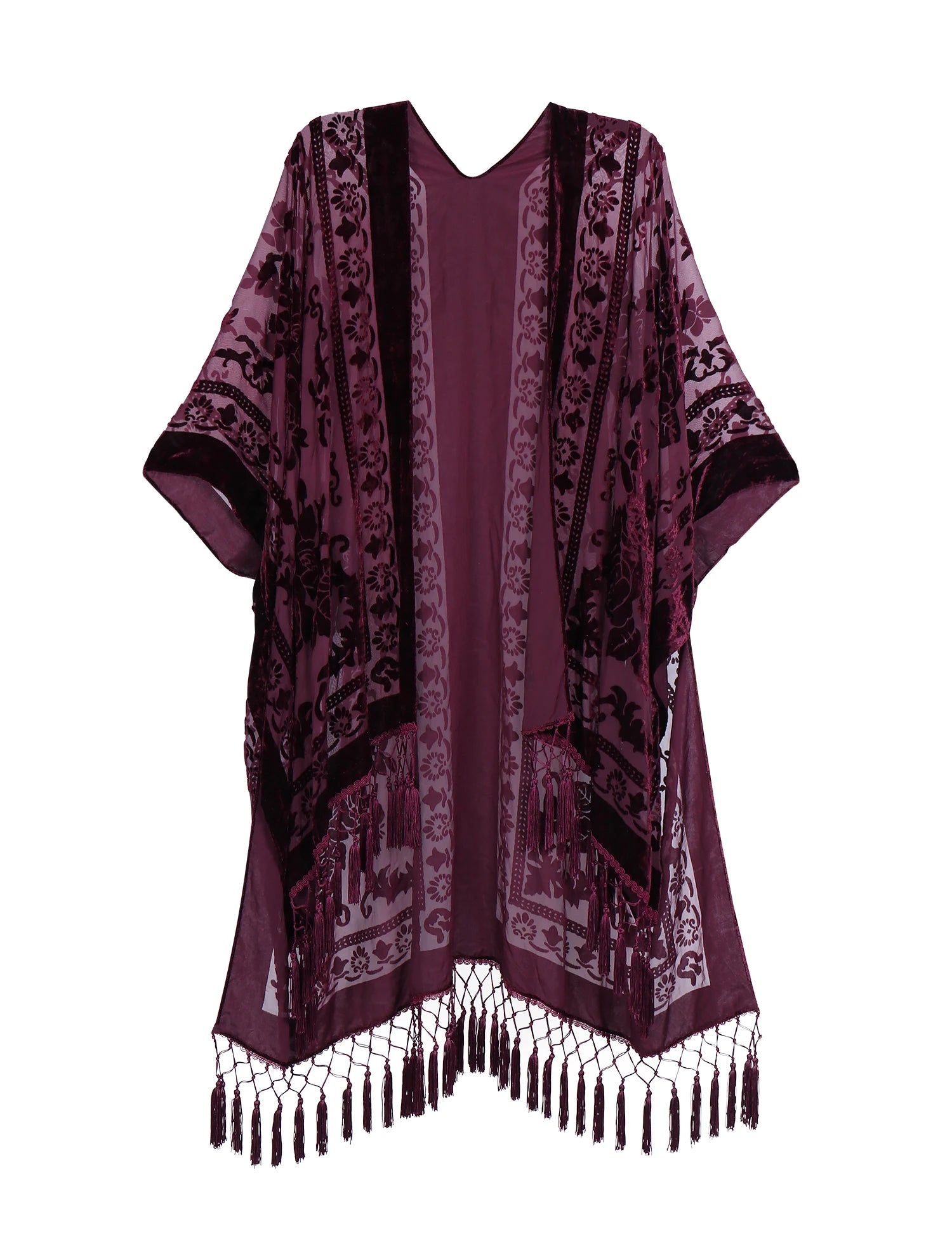 WeHello Bohemian burnt plush kimono Women's long Purple Tassel Beach Cover-up  Holiday Casual Cardigan Shawl JYPF-20