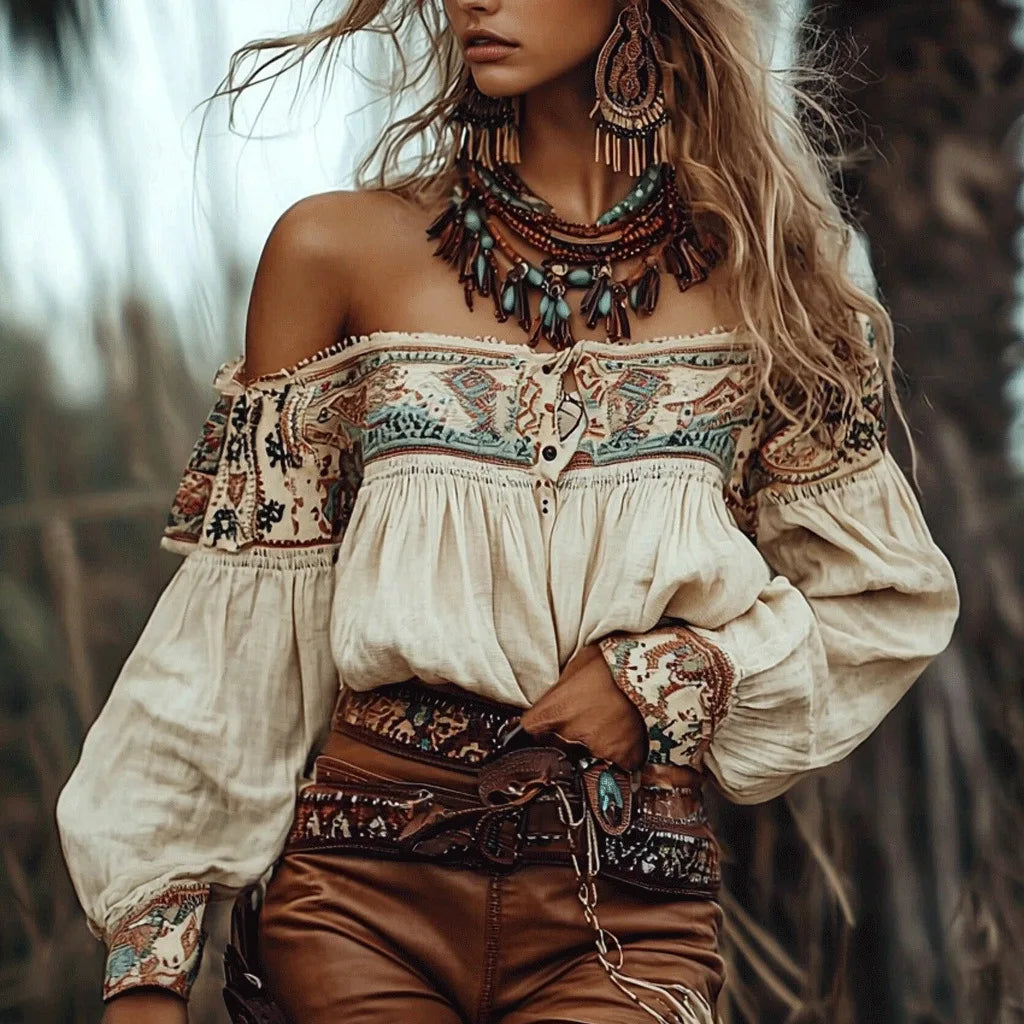 Desert Caravan Embroidered Peasant Blouse – Off-Shoulder Gypsy Treasure Top