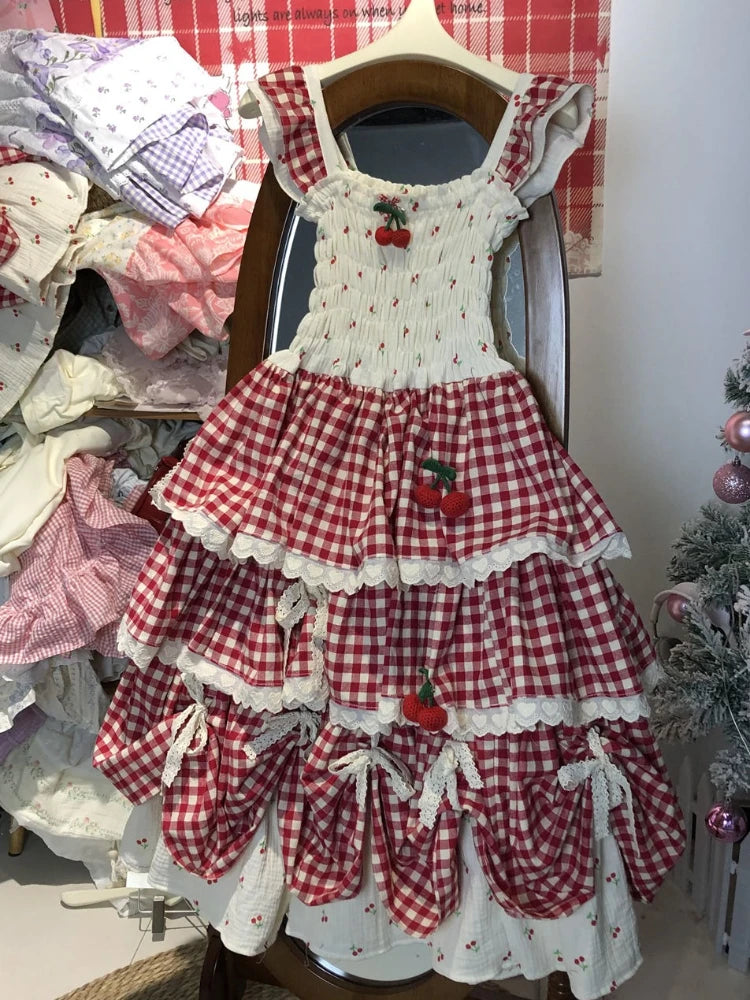 Cherry Sweetheart Gingham Milkmaid Dress – Vintage Boho Picnic Dream