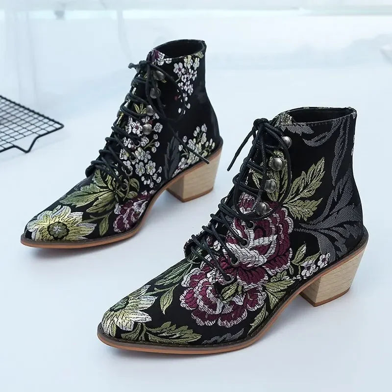 Embroidered Floral Ankle Boots – Boho Lace-Up Romance (Black / Red) Black Bold Floral Embroidered Floral Ankle Boots – Boho Lace-Up Romance (Black / Red) Boots