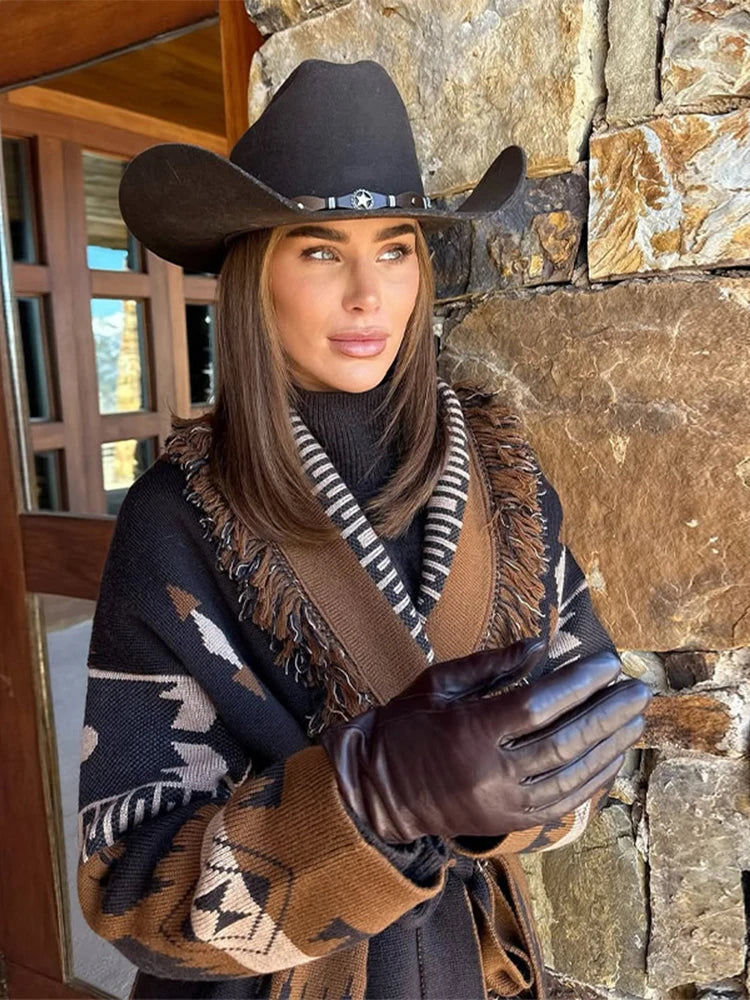 Tassel Patchwork Printed Belt Cardigan Women Turn-down Collar Long Sleeve Knitted Fashion Sweater Vintage Autumn 2025 Cardigans