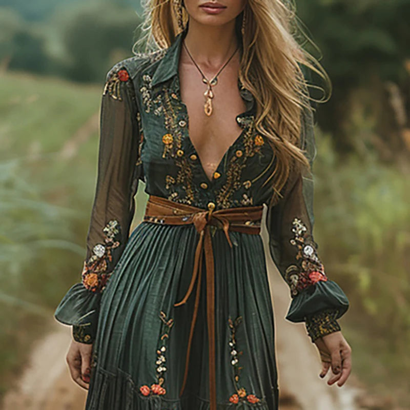 Enchanted Woodland Embroidered Maxi Dress – Forest Green or Golden Caramel