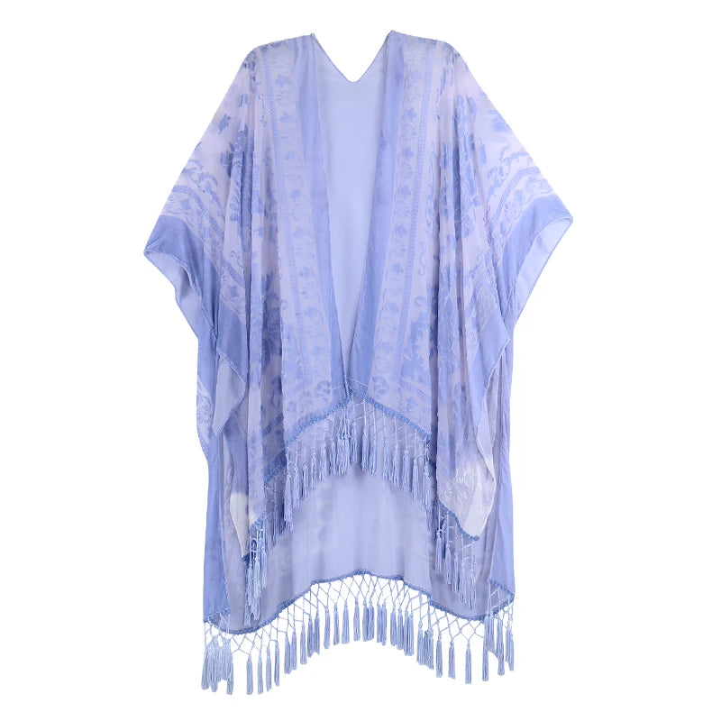 WeHello Bohemian burnt plush kimono Women's long Purple Tassel Beach Cover-up  Holiday Casual Cardigan Shawl JYPF-20