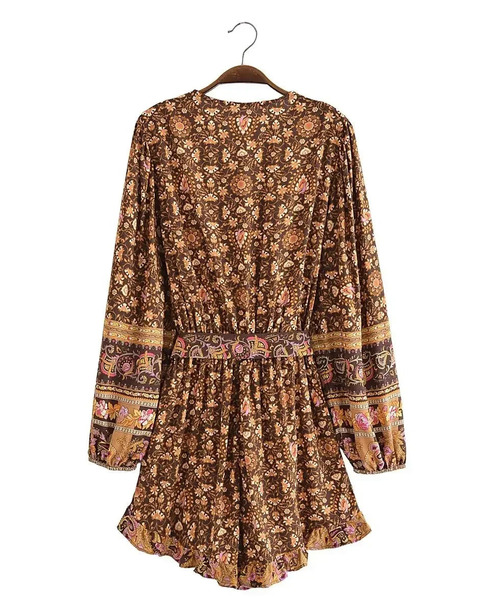 Boho Floral Mini Dress – Embroidered Paisley Wrap Romper with Ruffle Hem