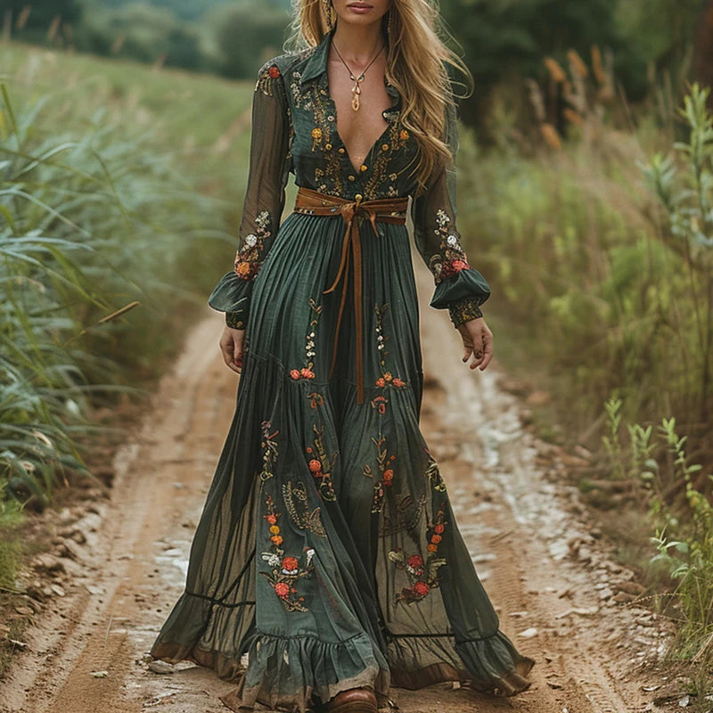 Enchanted Woodland Embroidered Maxi Dress – Forest Green or Golden Caramel